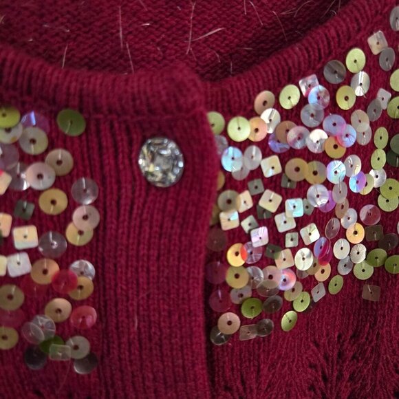 Susan Bristol Vintage Burgundy Open Knit Sequined Cardigan Sweater Size L - Picture 4 of 6